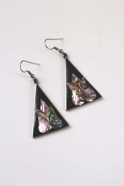 Vintage Black Enamel Abalone Shell Triangle Dangle Earrings Alpaca Silver Mexico Floral