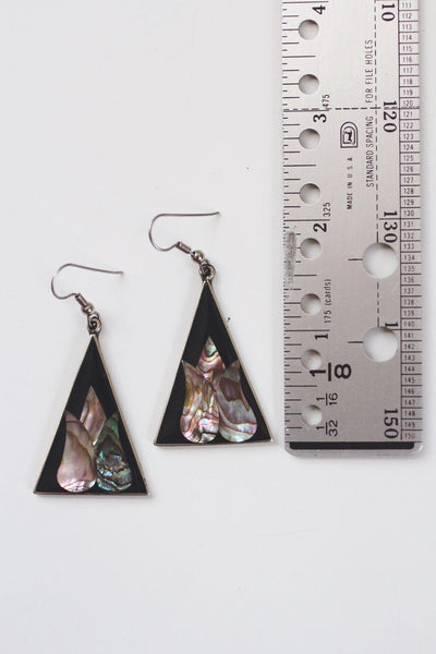 Vintage Black Enamel Abalone Shell Triangle Dangle Earrings Alpaca Silver Mexico Floral