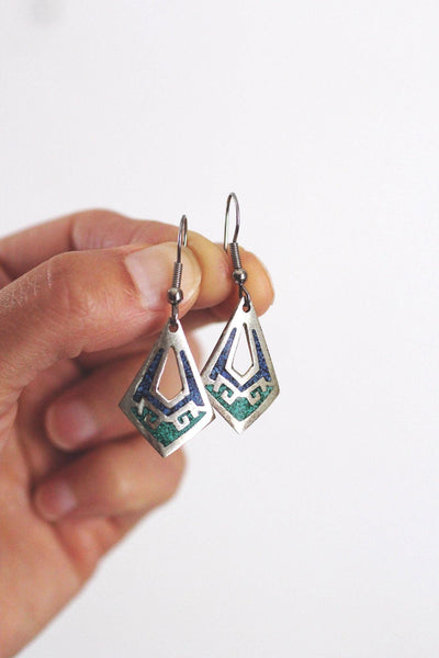 Vintage Alpaca Silver Mosaic Inlay Dangle Earrings Mexico Geometric Southwestern Blue Green