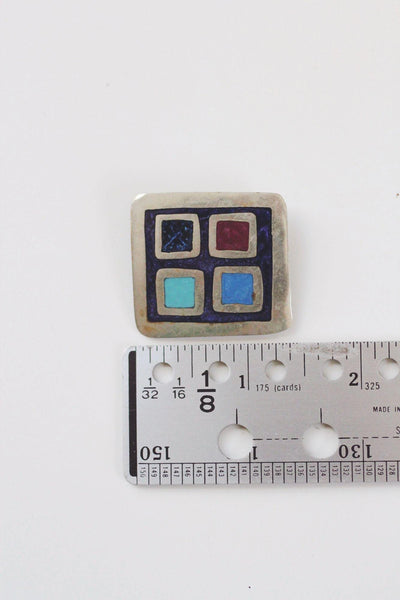 Vintage Modernist Geometric Enamel Inlay Mosaic Brooch Pin Pendant Alpaca Mexico