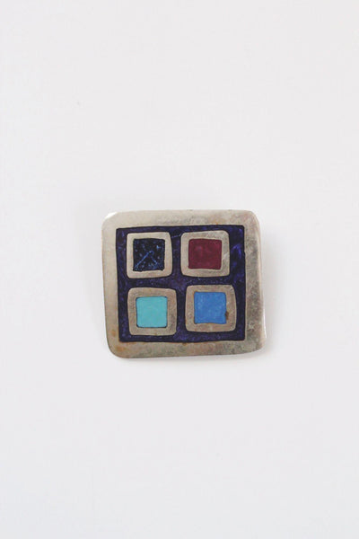 Vintage Modernist Geometric Enamel Inlay Mosaic Brooch Pin Pendant Alpaca Mexico