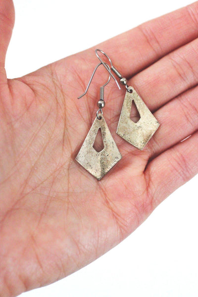 Vintage Alpaca Silver Mosaic Inlay Dangle Earrings Mexico Geometric Southwestern Blue Green