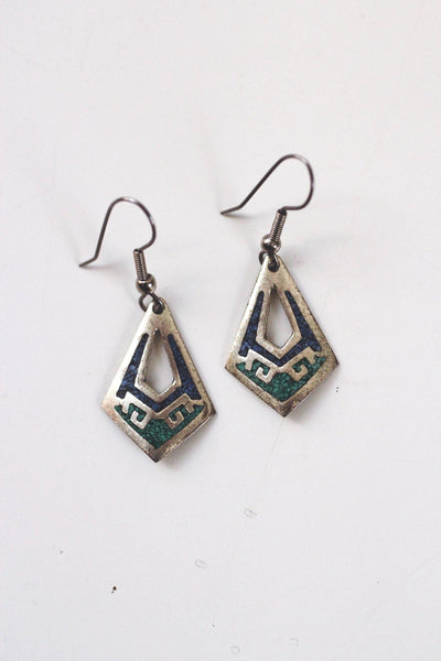 Vintage Alpaca Silver Mosaic Inlay Dangle Earrings Mexico Geometric Southwestern Blue Green