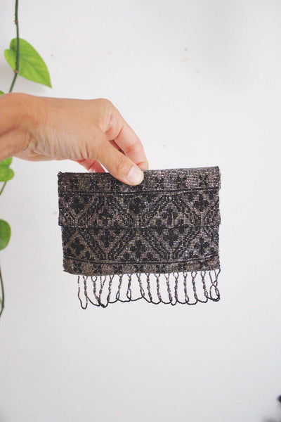 Vintage Steel-Cut Micro Beaded Evening Clutch Purse Geometric Fringe Art Deco Flapper