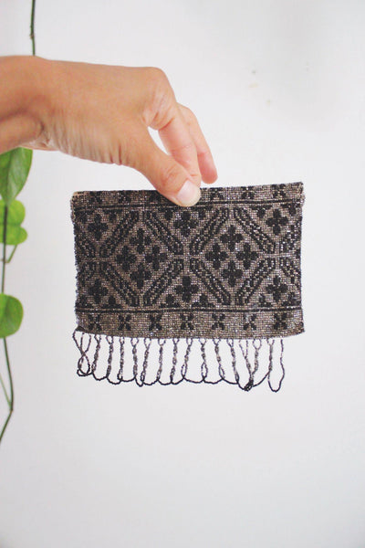Vintage Steel-Cut Micro Beaded Evening Clutch Purse Geometric Fringe Art Deco Flapper