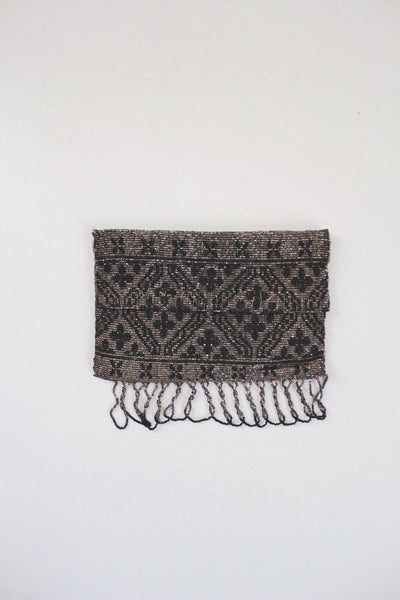 Vintage Steel-Cut Micro Beaded Evening Clutch Purse Geometric Fringe Art Deco Flapper