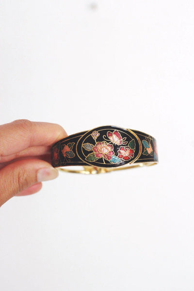 Vintage Cloisonné Enamel Floral Hinged Bracelet Gold-Tone Metal 70s 80s