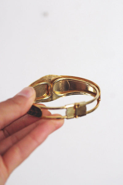 Vintage Cloisonné Enamel Floral Hinged Bracelet Gold-Tone Metal 70s 80s