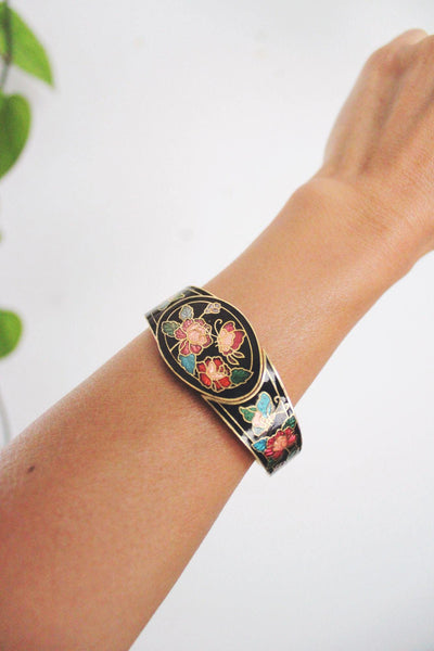 Vintage Cloisonné Enamel Floral Hinged Bracelet Gold-Tone Metal 70s 80s