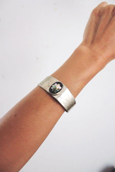 Vintage Mexican Alpaca Silver Cuff Bracelet Abalone Inlay Floral Mother of Pearl MOP