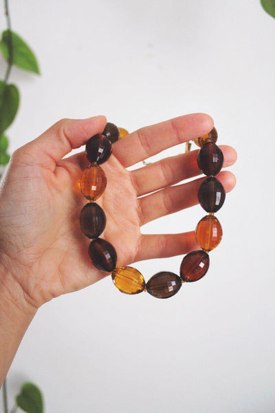 Vintage Faceted Amber Lucite Resin Beaded Necklace Retro Bold Chunky Brown Gold