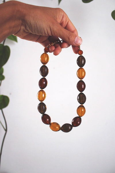 Vintage Faceted Amber Lucite Resin Beaded Necklace Retro Bold Chunky Brown Gold