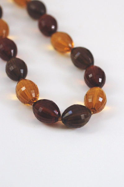 Vintage Faceted Amber Lucite Resin Beaded Necklace Retro Bold Chunky Brown Gold