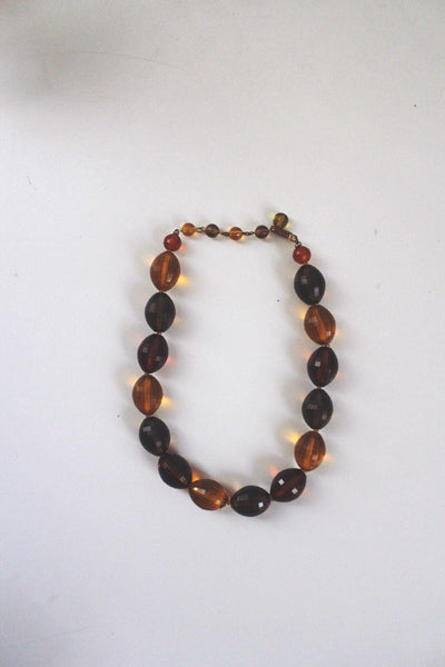 Vintage Faceted Amber Lucite Resin Beaded Necklace Retro Bold Chunky Brown Gold