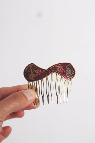 Vintage Cloisonné Enamel Hair Comb Pin Clip Floral Butterfly Brass Gold 70s 80s
