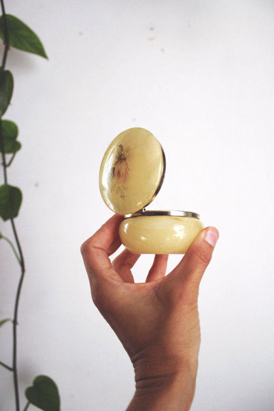 Vintage Italian Alabaster Trinket Box Jewelry Hand Carved Floral Round Yellow Hinged