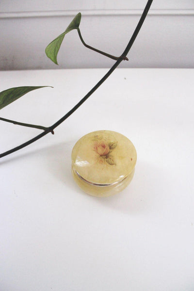 Vintage Italian Alabaster Trinket Box Jewelry Hand Carved Floral Round Yellow Hinged