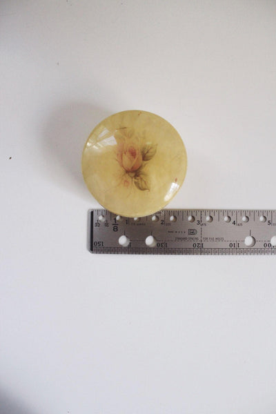 Vintage Italian Alabaster Trinket Box Jewelry Hand Carved Floral Round Yellow Hinged