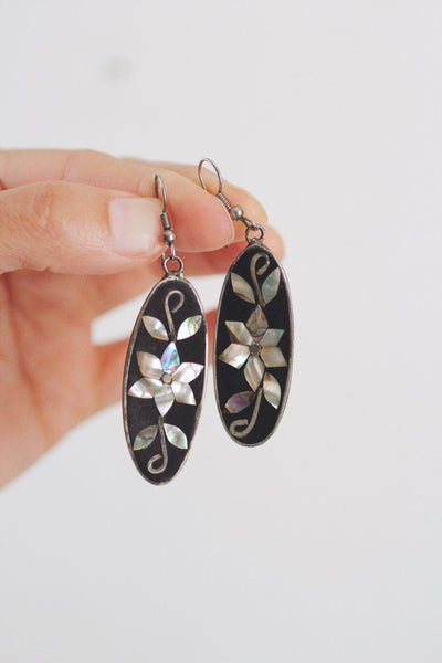Vintage Mother of Pearl Abalone Shell Enamel Inlay Dangle Earrings Alpaca Silver Mexico Floral