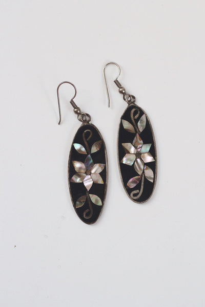 Vintage Mother of Pearl Abalone Shell Enamel Inlay Dangle Earrings Alpaca Silver Mexico Floral
