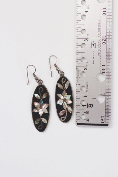 Vintage Mother of Pearl Abalone Shell Enamel Inlay Dangle Earrings Alpaca Silver Mexico Floral