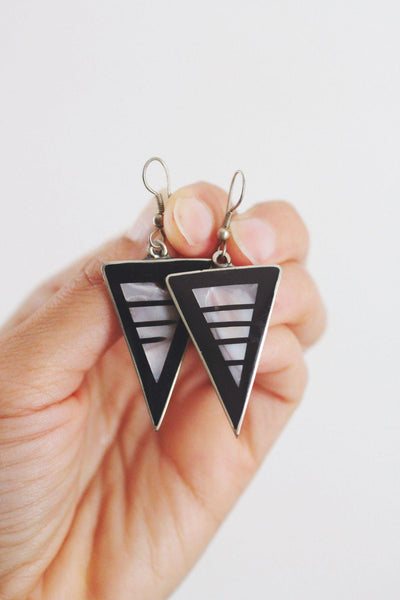Vintage Black Enamel Mother Of Pearl Inlay Triangle Dangle Earrings Alpaca Mexico