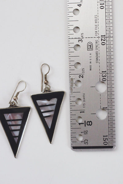Vintage Black Enamel Mother Of Pearl Inlay Triangle Dangle Earrings Alpaca Mexico