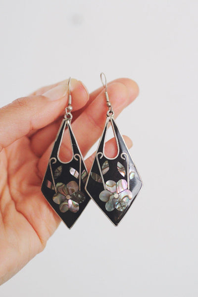 Vintage Abalone Shell Black Enamel Floral Inlay Dangle Earrings Alpaca Mexico
