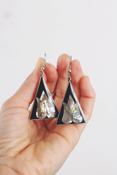 Vintage Black Enamel Abalone Shell Triangle Dangle Earrings Alpaca Silver Mexico Floral