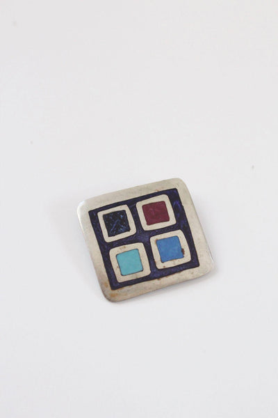 Vintage Modernist Geometric Enamel Inlay Mosaic Brooch Pin Pendant Alpaca Mexico
