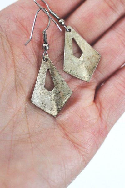 Vintage Alpaca Silver Mosaic Inlay Dangle Earrings Mexico Geometric Southwestern Blue Green