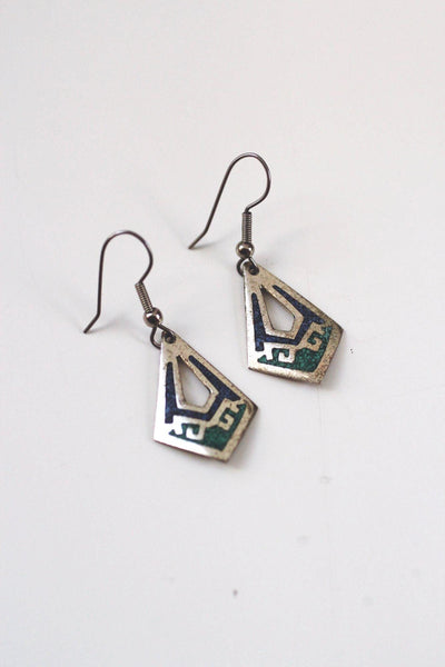Vintage Alpaca Silver Mosaic Inlay Dangle Earrings Mexico Geometric Southwestern Blue Green