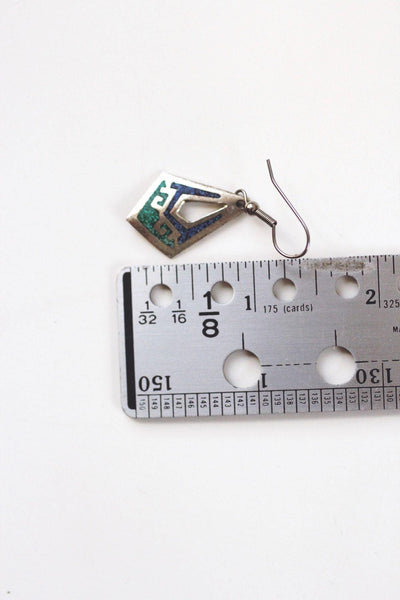 Vintage Alpaca Silver Mosaic Inlay Dangle Earrings Mexico Geometric Southwestern Blue Green