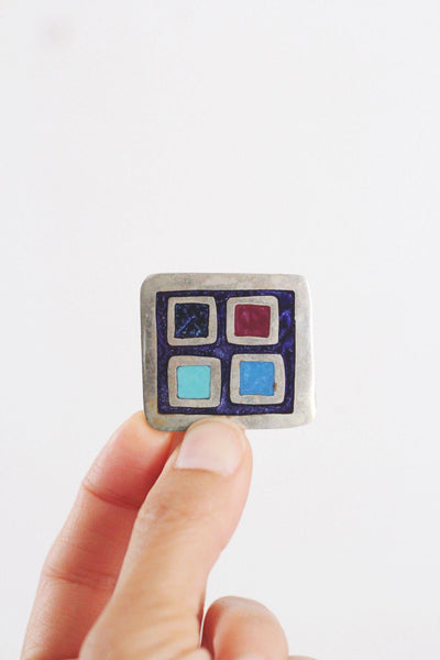Vintage Modernist Geometric Enamel Inlay Mosaic Brooch Pin Pendant Alpaca Mexico