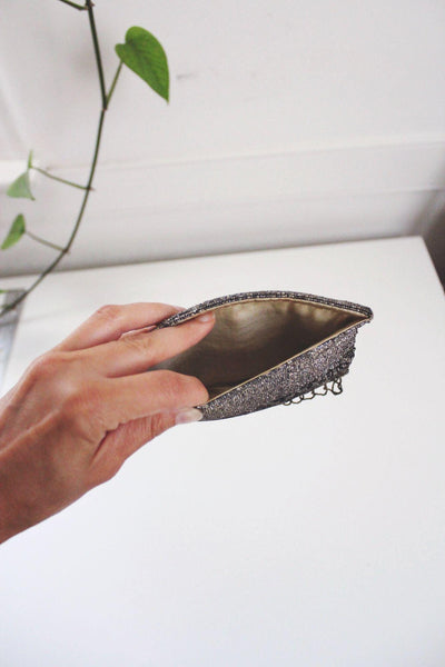 Vintage Steel-Cut Micro Beaded Evening Clutch Purse Geometric Fringe Art Deco Flapper