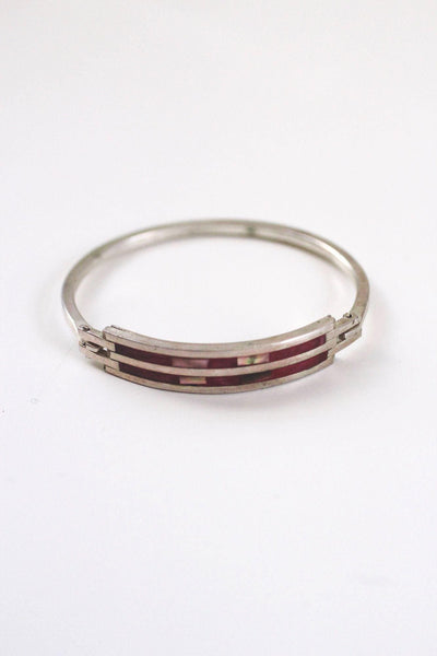 Vintage Enamel Abalone Shell Inlay Alpaca Silver Cuff Bracelet Mexico Southwestern