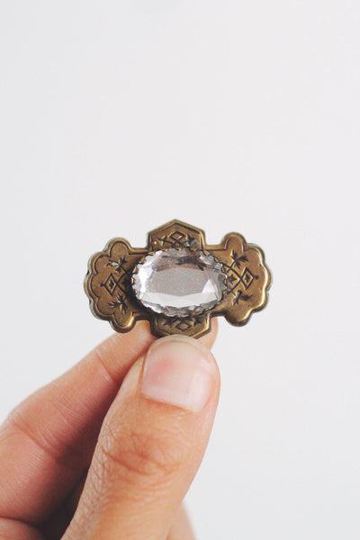 Vintage Czech Faceted Glass Oval Brooch Pin Stamped Brass Edwardian Victorian Floral Engraved