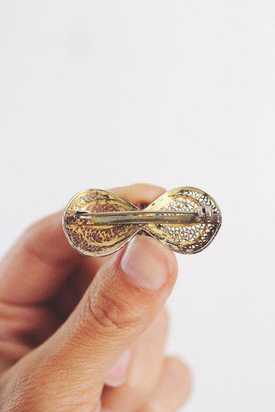 Vintage Silver Filigree Bow Brooch Floral Centerpiece Elegant Retro Pin Jewelry Cannetille