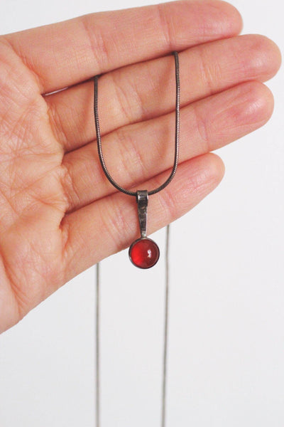 Vintage Sterling Silver Red Carnelian Glass Pendant Necklace Modernist Minimalist 925