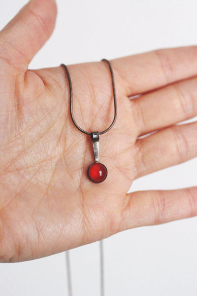 Vintage Sterling Silver Red Carnelian Glass Pendant Necklace Modernist Minimalist 925