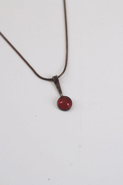 Vintage Sterling Silver Red Carnelian Glass Pendant Necklace Modernist Minimalist 925