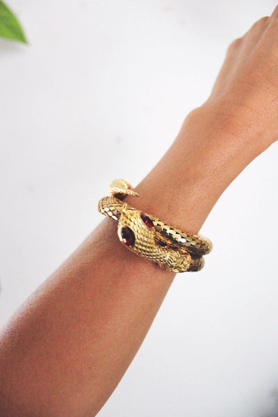 Vintage Gold Coiled Snake Wrap Bracelet Mesh Red Eyes Mid Century Costume Jewelry