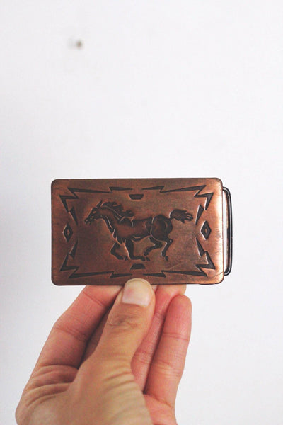 Vintage Copper Western Horse Belt Buckle Chambers Belt Company USA Southwestern 70s 80s