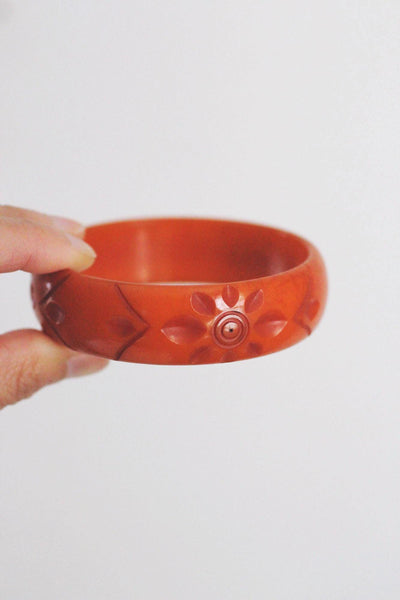 Vintage Carved Bakelite Bangles Bracelets Art Deco Set Of 3 Orange Butterscotch Brown Retro
