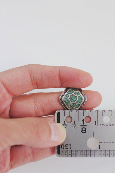 Vintage Sterling Silver Turquoise Chip Ring Fish Scale Inlay Mosaic Pattern Native American 7.75