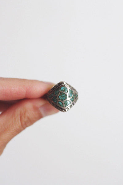 Vintage Sterling Silver Turquoise Chip Ring Fish Scale Inlay Mosaic Pattern Native American 7.5