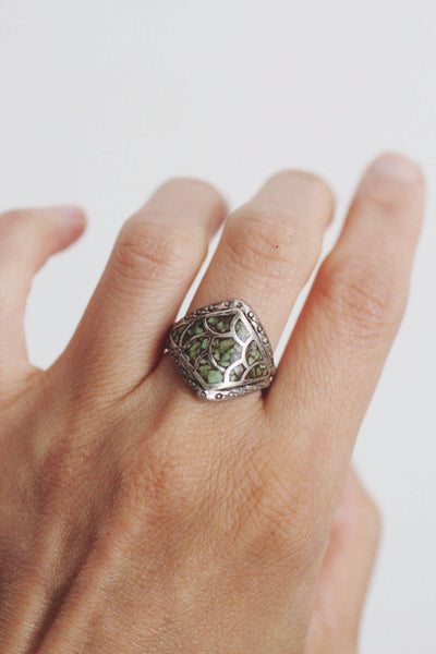 Vintage Sterling Silver Turquoise Chip Ring Fish Scale Inlay Mosaic Pattern Native American 7