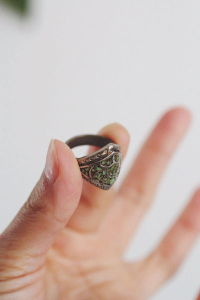 Vintage Sterling Silver Turquoise Chip Ring Fish Scale Inlay Mosaic Pattern Native American 7