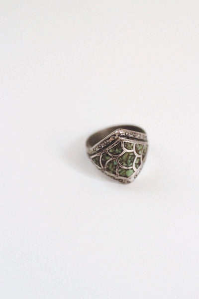 Vintage Sterling Silver Turquoise Chip Ring Fish Scale Inlay Mosaic Pattern Native American 7