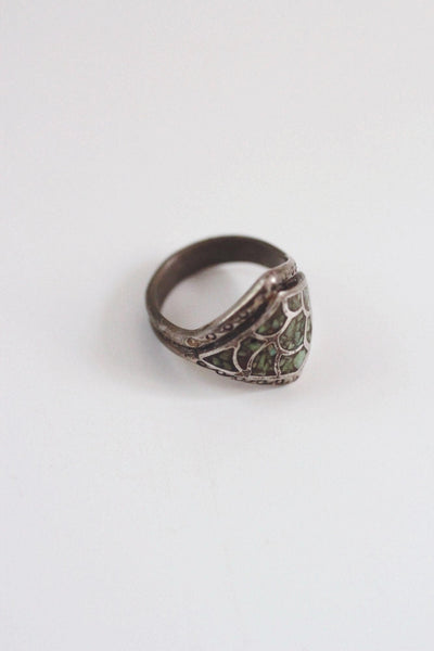 Vintage Sterling Silver Turquoise Chip Ring Fish Scale Inlay Mosaic Pattern Native American 7